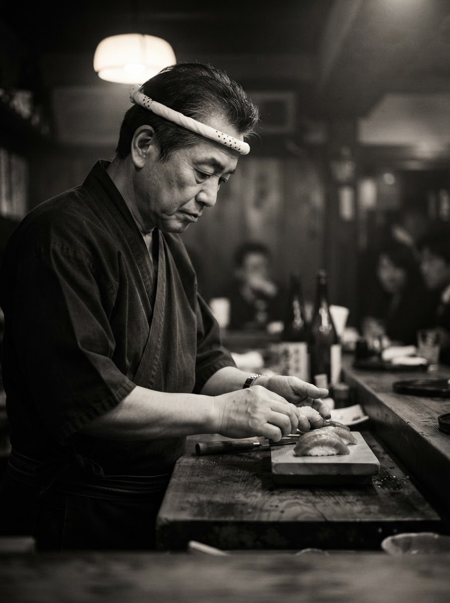 A portrait of Chef Aiko Mori, standing behind the cypress counter